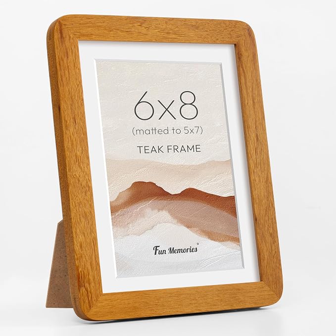 Fun Memories 6x8 Picture Frame - Solid Teak Wood Frame for Wall & Tabletop Display, 6x8 Frame Matted to 5x7, 6 By 8 Horizontal or Vertical with Tempered Glass & Wall Kit, Natural Teak