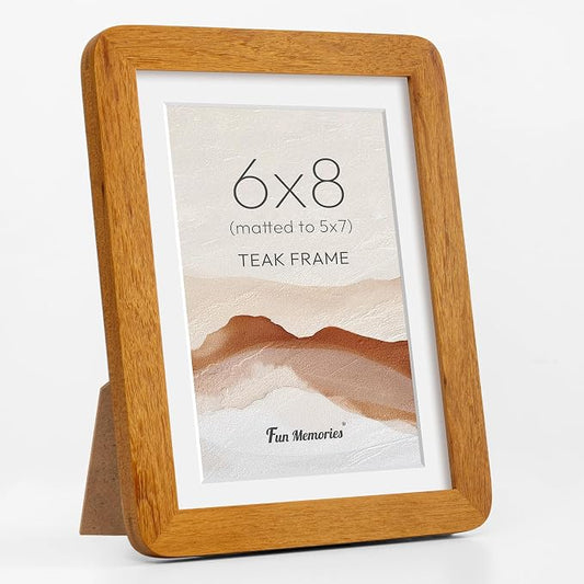 Fun Memories 6x8 Picture Frame - Solid Teak Wood Frame for Wall & Tabletop Display, 6x8 Frame Matted to 5x7, 6 By 8 Horizontal or Vertical with Tempered Glass & Wall Kit, Natural Teak