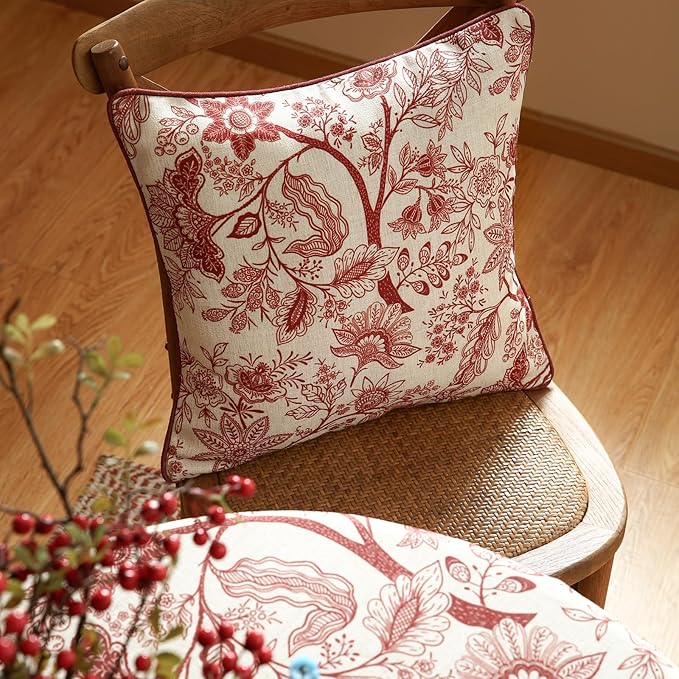ISAENNE Design Linen Square Throw Pillow Covers 18"x18" Pack of 2, French Country Cushion Covers with Red Toile de Jouy Floral Pattern Decoration Pillowcases for Bed, Living Room, Outdoor, Car
