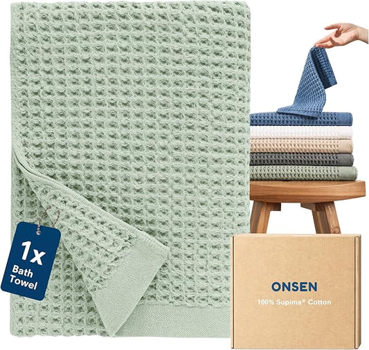 ONSEN Supima® Waffle Bath Towel, Large, Quick Dry Lint Free 100% USA Cotton, Lightweight Absorbent Bath Towel, 31x57 in (Sage Green, 1x Bath Towel)