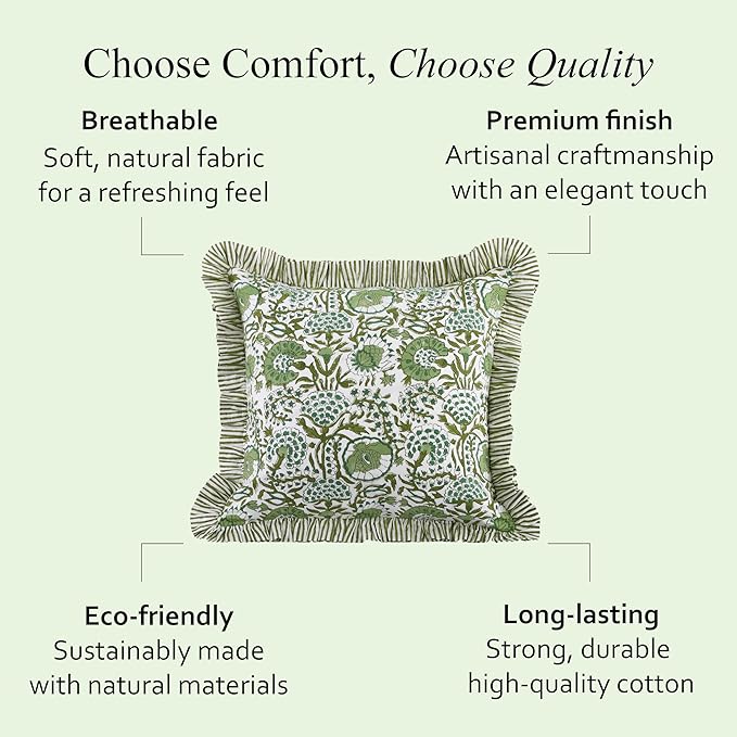 CPC Block Print Ruffle Throw Cover Agate Green 24"x24" Inch Pack of 2-100% Cotton Ruffle Couch Decorative Boho Pillows Case for Living Room, Bedroom, Sofa, Farmhouse Gift for Spring, Mother's Day