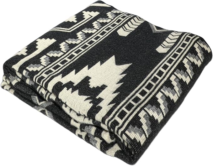 Black, Native Pattern, Alpaca Wool Blanket Queen Size, Cozy Blanket Handmade in South America (Black)