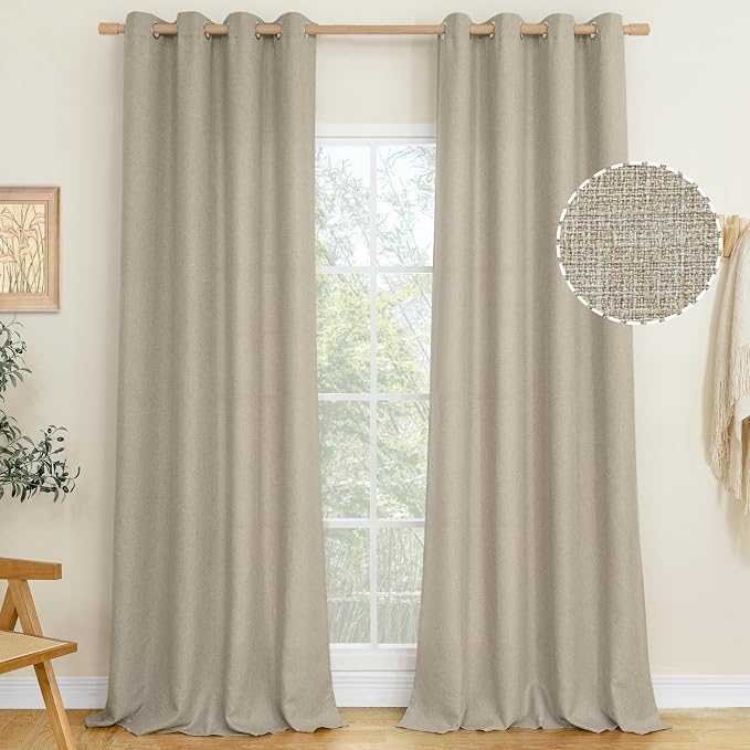 LAMIT Taupe Linen Textured Curtains 95 inches Long for Bedroom, Grommet Thermal Insulated Thick Curtains Burlap Light Filtering Panels for Living Room/Farmhouse, Set of 2 Panels, W52 x L95