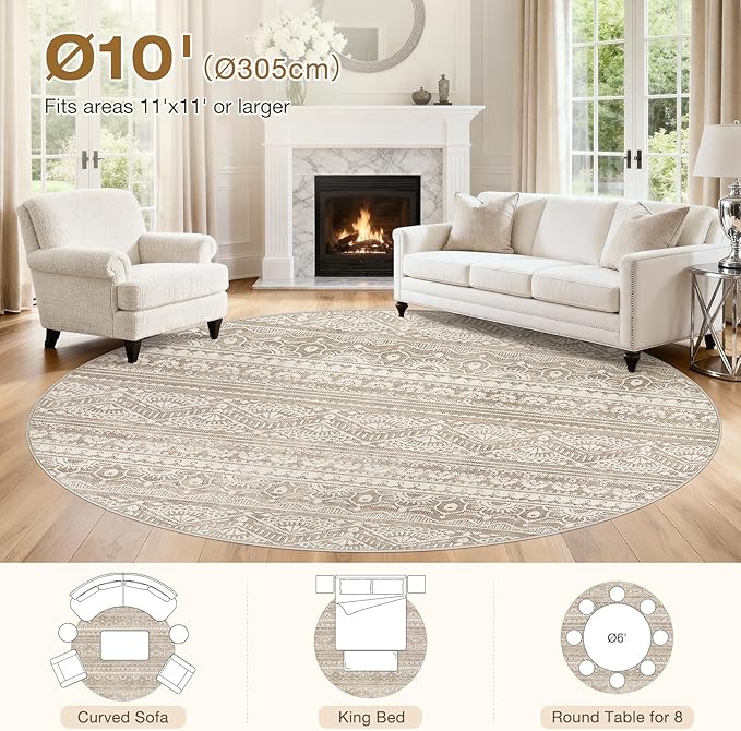Tortania 10' Round Area Rug Living Room Rugs - Washable Large Soft Neutral Boho Moroccan Bohemian Farmhouse Rug Indoor Floor Carpet for Bedroom Under Dining Table Home Office Decor - Light Brown