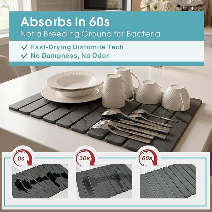 Diatomaceous Earth Stone Dish Drying Mat for Kitchen Counter – Quick Drying Mat Set (1*Large 23"×15.5" & 2*Small 7.5"×4") | Kitchen Drying Mat for Dishes, Cups & Utensils, Sink Mat (Grey Marble)