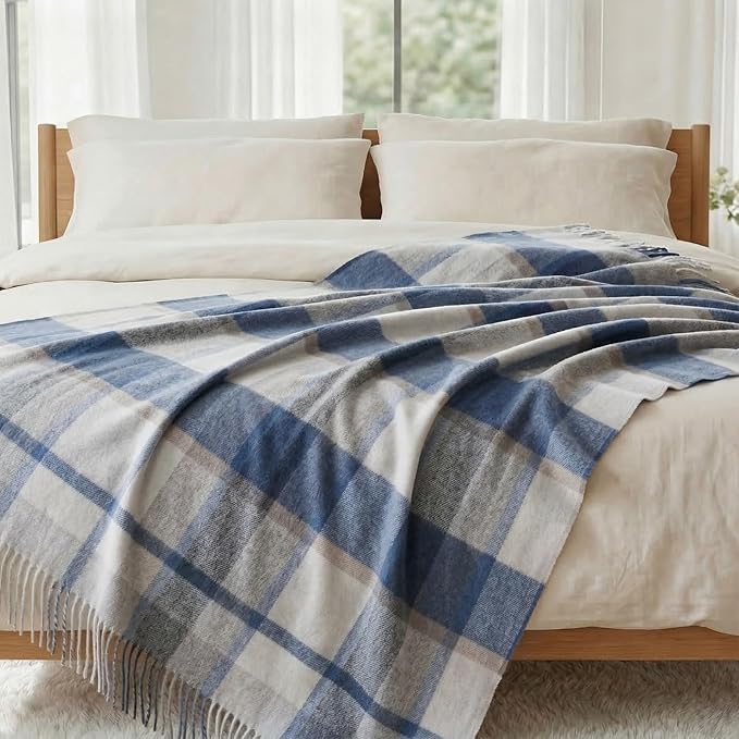 Soft Pure Wool Throw Blanket, Lightweight Warmth, 55"x83", Plaid, Fringe, Compact with Bag, Useful Gift for Women Men, All Season Decorative Cozy Travel Blanket for Couch Bed, Outdoors