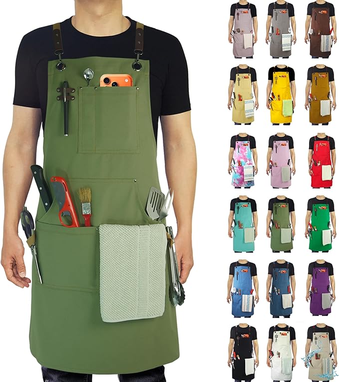 Kitchen Apron, Work Apron, Canvas, Multiple Pockets, Gardening, Painting, BBQ, Artist, Carpenter, Sizes M to XXL, Olive