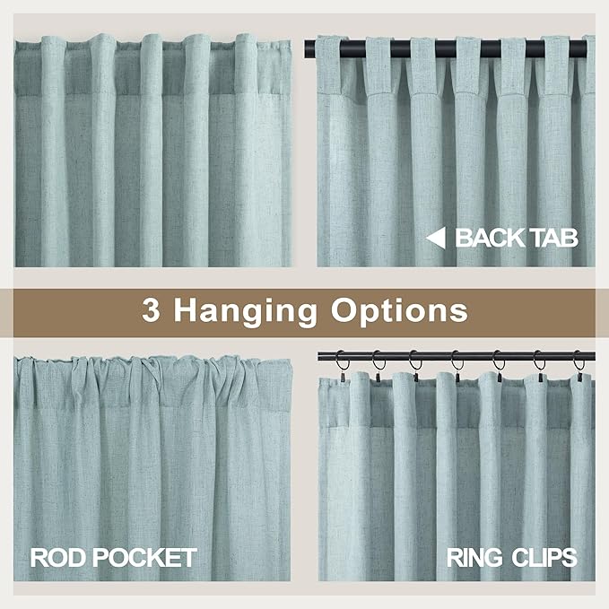 Seafoam Green Curtains 96 Inches Long for Living Room 2 Panels Back Tab Pocket Semi Sheer Linen Summer Ocean Mint Green Curtains for Bedroom Dining Spa Sea Mist Teal Grey Aqua Drapes Kids Decor 8 FT