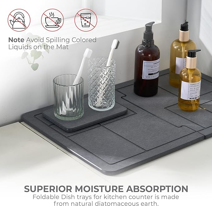 Large Stone Drying Mat for Kitchen Counter+Sink Caddy, 100% Natural Stone Dish Drying Mat, Quick Drying, Non-Toxic, BPA-Free, JIGSAW Drying Matt Kitchen Counter (Dark Gray 24"×16" & 8"x4")
