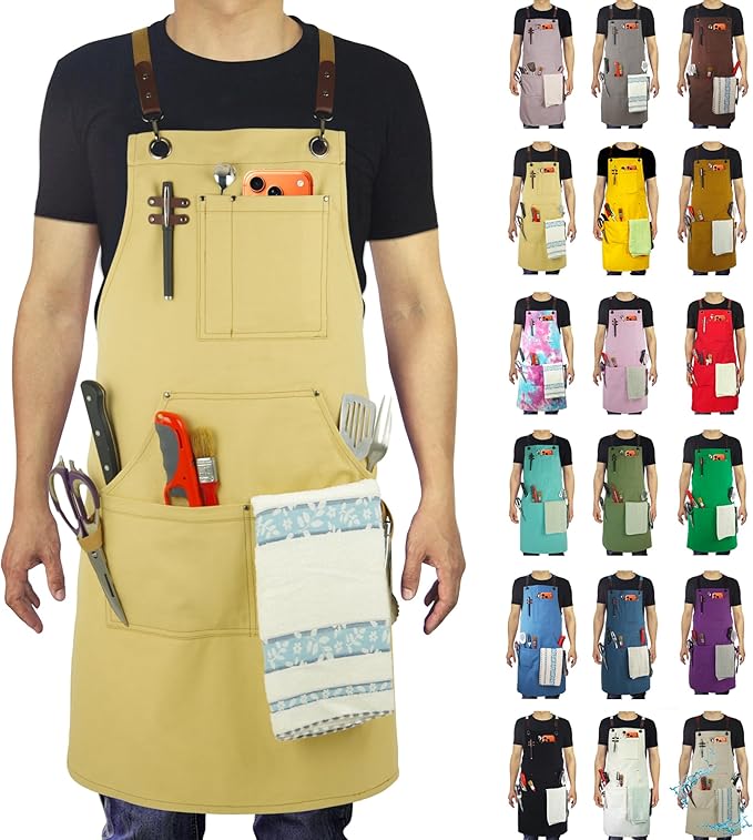 Stenffy Kitchen Apron, Work Apron, Canvas, Multiple Pockets, Gardening, Painting, BBQ, Artist, Carpenter, Sizes M to XXL, Amber