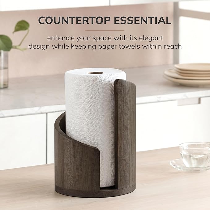 Anji Mountain Wooden Paper Towel Holder Countertop with Mango Wood Round Base and Iron Holder, Holder Stand for Kitchen Roll Organizer & Kitchen Dining Table Home Decor - Chocolate/Black, Classic
