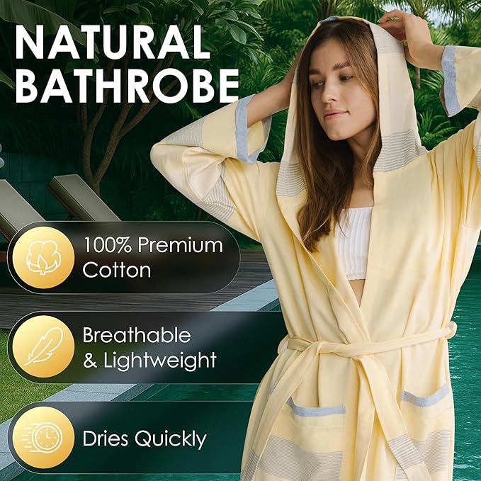 ATANI 100% Turkish Cotton Bathrobe S-XXL for Women & Men – Peshtemal Style Soft Cozy Lounge Robe, Absorbent & Lightweight
