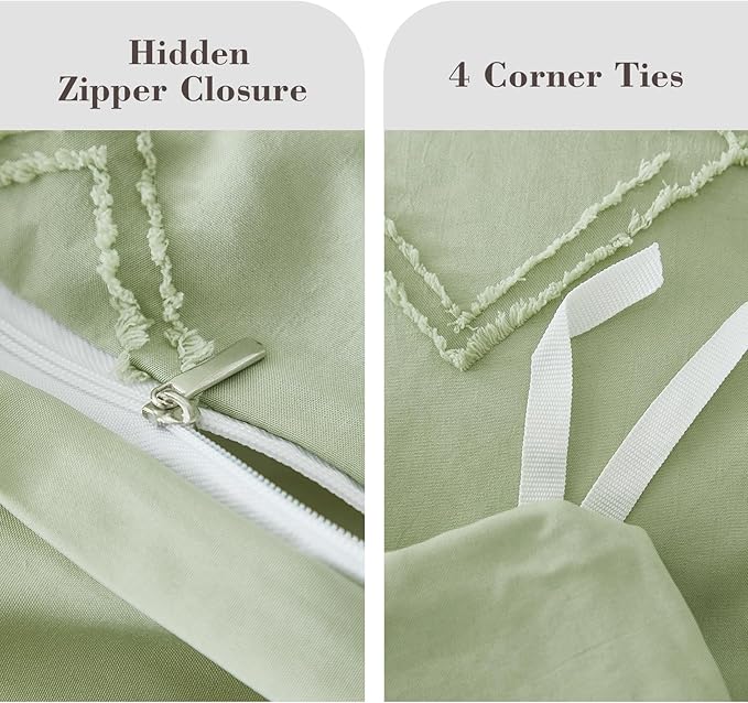 EMME Boho Duvet Cover Queen Size Sage Green - 3 Pieces Soft & Breathable Tufted Shabby Chic Embroidery Bedding for All Seasons, 1 Duvet Cover with 2 Pillow Shams & Zipper Closure (Sage Green, Queen)