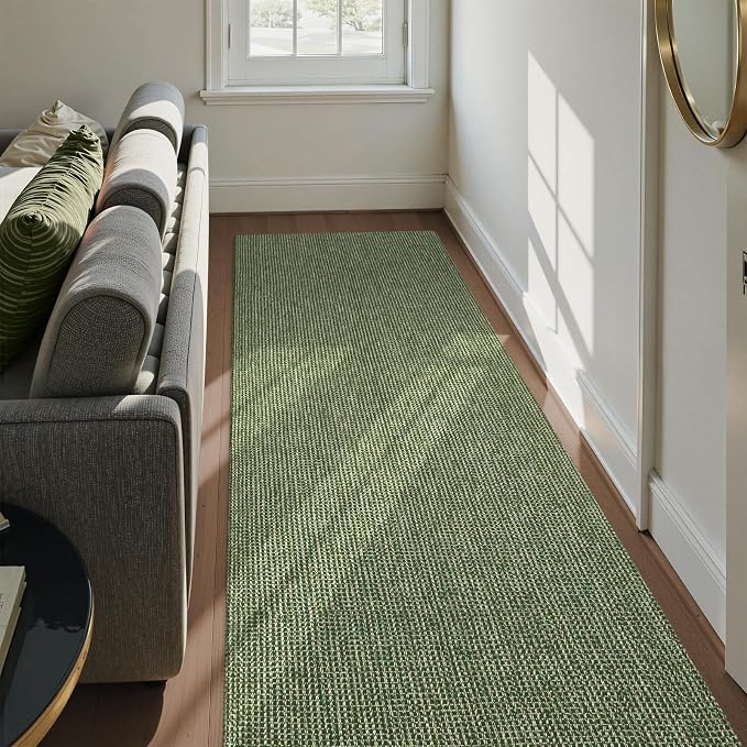 Uphome Kitchen Runner Rug, 2'6x8 Washable Boho Rug Runners for Hallways Non Slip, Low Pile Woven Cotton Modern Carpet Runners, Stain Resistant Bedroom Runner Rug for Hallway Entryway Entrance, Green