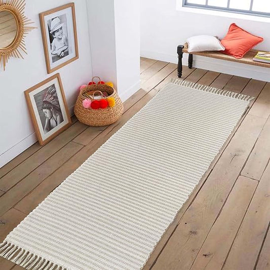 Chardin home Beige & Ivory Providence Runner 2.5x8 feet |Hand Woven Farmhouse Rug with Hand Knotted Fringes|Great in Kitchens entryways Hallways Bathrooms Meditation Yoga Mat|Reversible Cotton Rug