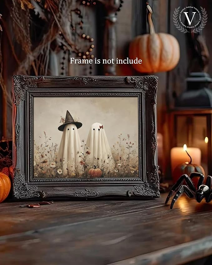 Vodefoad Whimsical Ghost Halloween Print, Two adorable ghosts in hats, Rustic halloween Cottagecore Autumn Art, Hallo ween-themed Home Decor Wall Art for Kitchens, Nurseries, and Entryway Holiday Gift - 8x10Inch Unframe