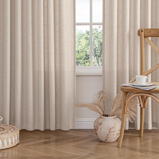 MIULEE Non-See-Through Privacy Linen Curtains 2 Panels, Light Filtering Window Curtains Farn House Textured Back Tab Semi Sheer Drapes for Bedroom Living Room, 52 x 63 Inches Long, Burlywood
