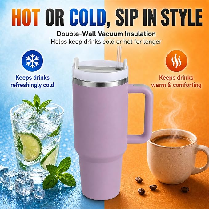 Pandance 4 Pack 40 oz Tumbler with Handle and Straw Bulk, Purple | Stainless Steel Vacuum Insulated Travel Mug, Sturdy Screw-on lid, Cup Holder Friendly, Large Capacity Cup For Iced Coffee
