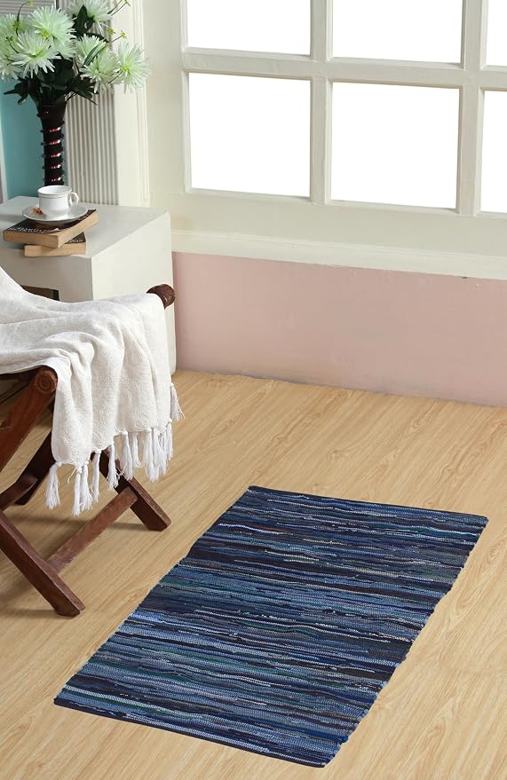 Handmade Cotton Chindi Rug Rectangular Area Rag Washable Recycled Rugs for Home Décor, Living Room and Bedroom (NavyBlue, 2X3 Feet)