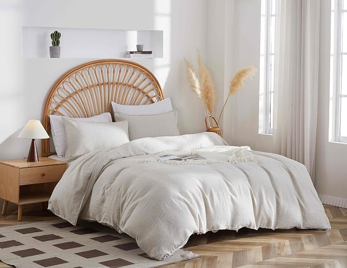 100% French Flax Linen Duvet Cover Set, Queen Size 90''x90'' 3 Pcs with 8 Corner Ties and Button Closure, Soft and Breathable for All Season (Natural Linen, Queen)