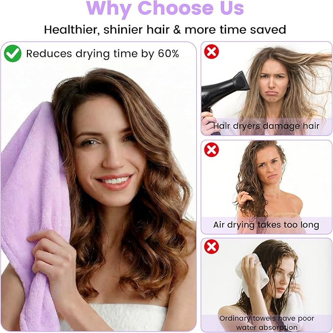 2 Pack Microfiber Hair Towel Wrap for Women, Large Fast Drying Hair Towel Turban, Ultra Thick Anti-Frizz, Double Stitched Edges & Stay in Place No Slip Design for Curly Long Wet Hair(Purple /Lavender)