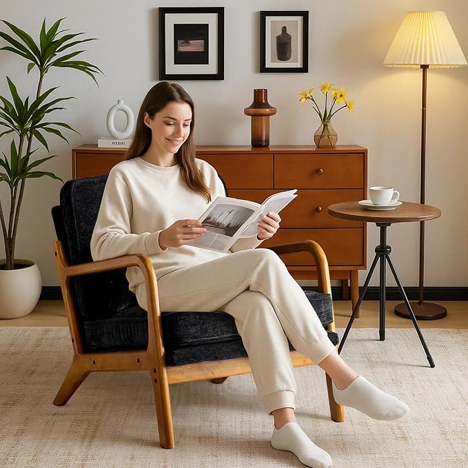 Karl home Mid-Century Modern Accent Reading Chair, Black | Chenille Upholstered, Solid Wood Frame, Soft Cushion, Lumbar Pillow, Lounge Armchair for Living Room, Bedroom, Balcony, Study