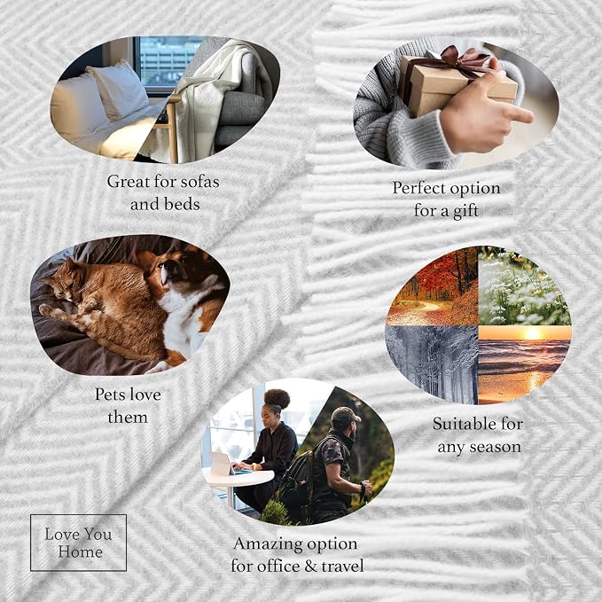 LYHome Merino Wool Blanket - Warm Throw for Cold Weather, Warmest Travel Outdoor Camping Blankets, Picnic Army and Military Throws, Comforter Soft & Cozy (55" x 79" Dark Grey with White Chevron)