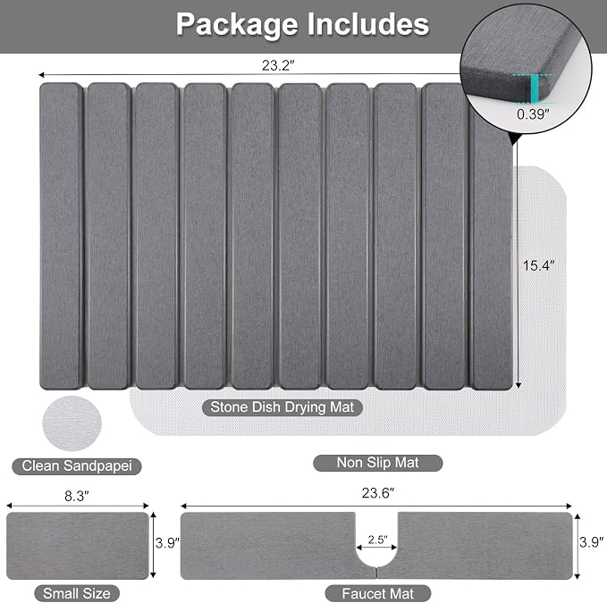 Diatomaceous Stone Drying Mat for Kitchen Counter with Sink Faucet Mat, Gray Absorbent Quick Dry Dish Drying Mat Set, Diatomite Stone Slat Countertop Pad for Dishes, Cups