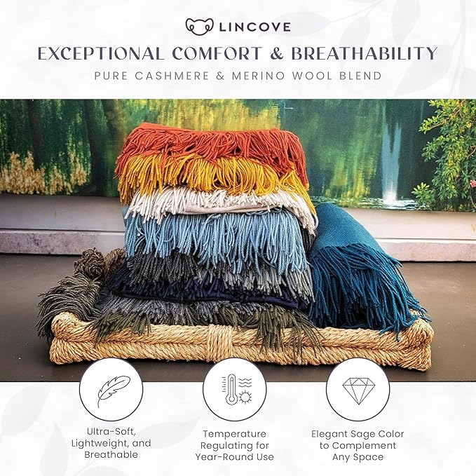 Lincove Pure Cashmere-Merino Wool Blanket - Warm & Soft Throw Blanket - 74"x55" Comfortable and Cozy Throw Blankets for Couch, Sofa, or Chair - Lightweight and Classic Throws - Olive