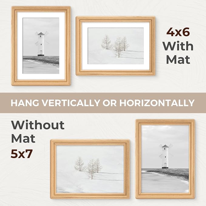 5x7 Picture Frame with Mat for 4x6, USA-Sourced Beech Wood Handcrafted Rounded Corner with HD Tempered Glass, 5 x 7 Photo Frames Gallery Wall & Tabletop, Vertically or Horizontally, 2 Pack