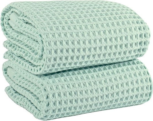 PÜSKÜL Natural 100% Turkish Cotton Waffle Bath Towels Set of 2-Piece | 32x63 inch Extra Large Absorbent Quick-Dry Lightweight Spa Towel | Luxury Sauna Accessories (Ice Green Bath Towels - Pack of 2)