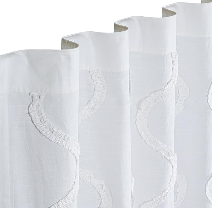 Bedding Craft White Farmhouse Tab Top Curtains 96 Inch Long – Set of 2 Cotton Semi Sheer Light Filtering Drapes with Frill Trim, Rustic Boho Window Curtains for Living Room Bedroom