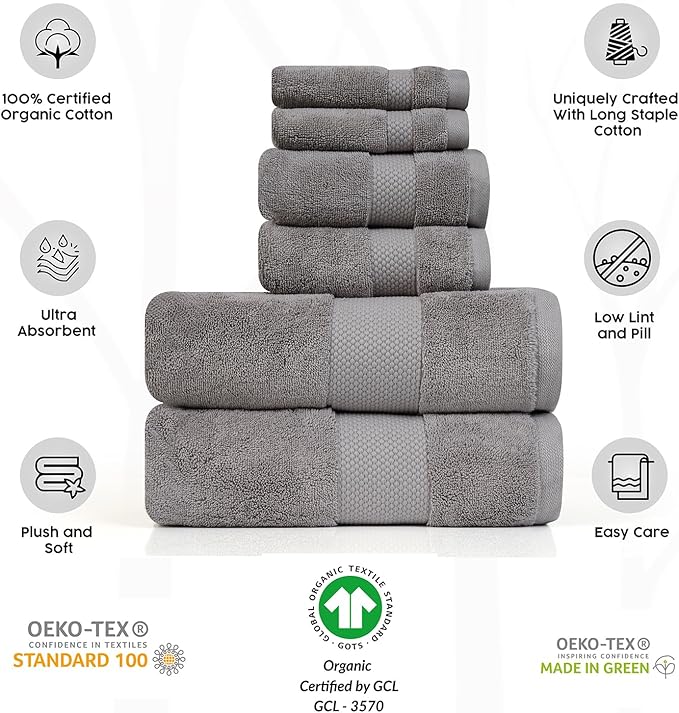 Farm to Home 100% Organic Bath Towel Set of 6 – GOTS & Oeko-TEX Certified Organic Cotton, Soft, Ultra Absorbent, Quick Dry - Includes 2 Bath Towels, 2 Hand Towels, 2 Washcloths - Stone
