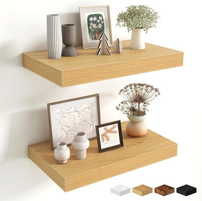 Fun Memories Floating Shelves for Wall - 10 x 16 Floating Shelf - Rustic Wood Storage Shelf - Wall Shelves with Invisible Bracket - 16" Bookshelves for Living Room & Bedroom - Oak - Set of 2