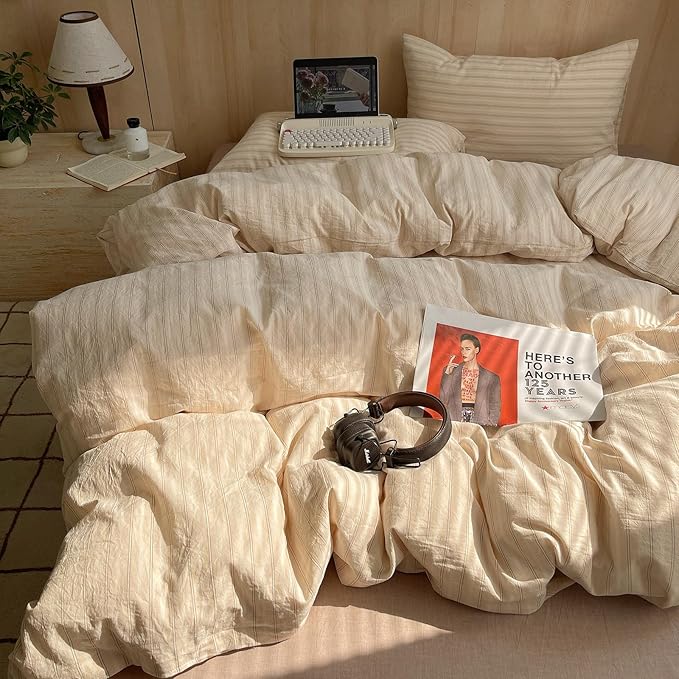mixinni Retro Striped Duvet Cover Set Twin Size - 100% Washed Cotton Beige Duvet Cover with Black White Stripes, Soft Breathable 3 Piece Comforter Cover with Zipper Closure & Corner Ties