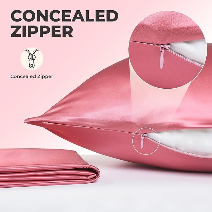 100% Pure Mulberry Silk Pillowcase for Hair and Skin, 6A Grade 22 Momme Silk Pillow Cases with Zipper, Soft Cooling Washable Both Sided Silk Pillow Cover (Rose Pink, King 20''x36’’)