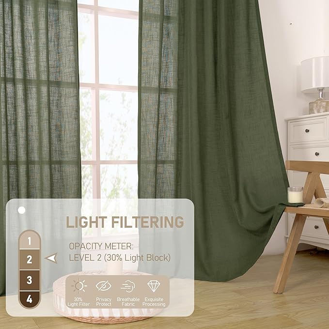 LAMIT Light Filtering Linen Curtains 72 inches Long for Bedroom, Linen Textured Semi Sheer Back Tab and Rod Pocket Boho Drapes for Small Window/Living Room, Olive Green, 2 Panels, 34 x 72 Inch