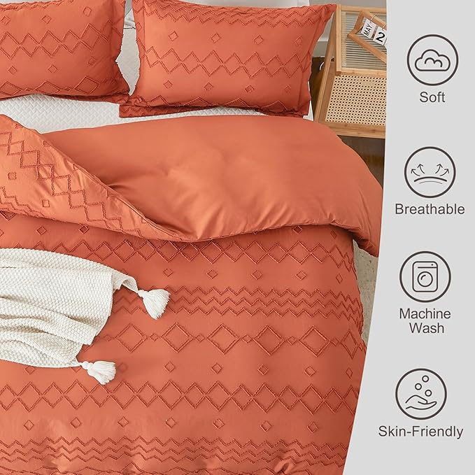 EMME Boho Duvet Cover Twin Size Pumpkin - 2 Pieces Soft & Breathable Tufted Boho Shabby Chic Embroidery Bedding Set for All Seasons, 1 Duvet Cover with 1 Pillow Shams & Zipper Closure (Pumpkin, Twin)