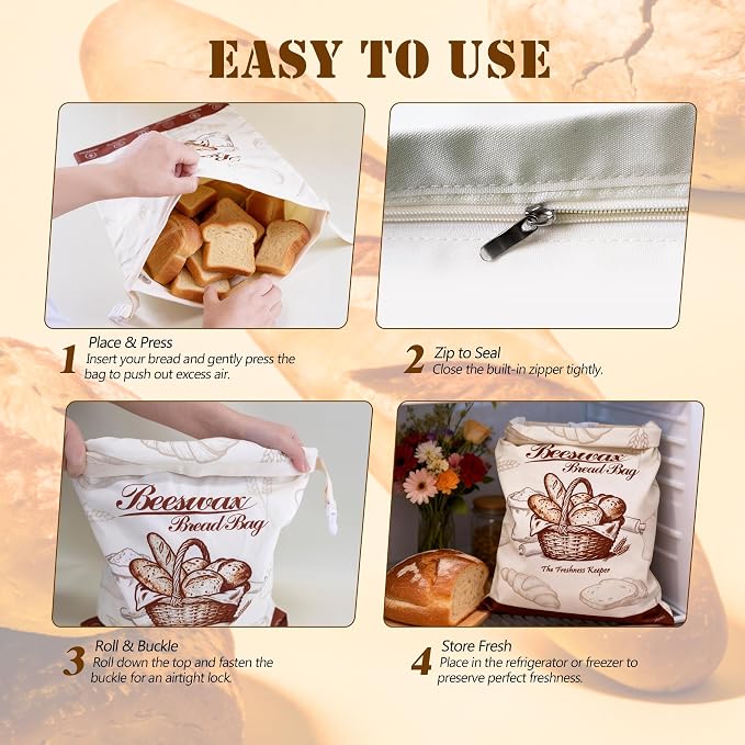 2 Pack Beeswax Bread Bags for Homemade Bread Sourdough, 17x13 Inch | Cotton Linen, Zipper Closure, Freezer Safe, Reusable, For Sourdough Homemade Bread