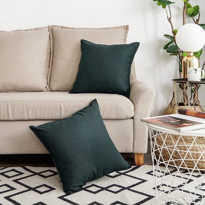 Jeanerlor 18"x18" Solid Cotton Linen Decoration Throw Pillow Case with Zipper Euro Sham Cushion Case Cool Pillow Cover Delicate Decorative Pillowcase for Chair/Bed/Couch,2 Packs, Dark Green