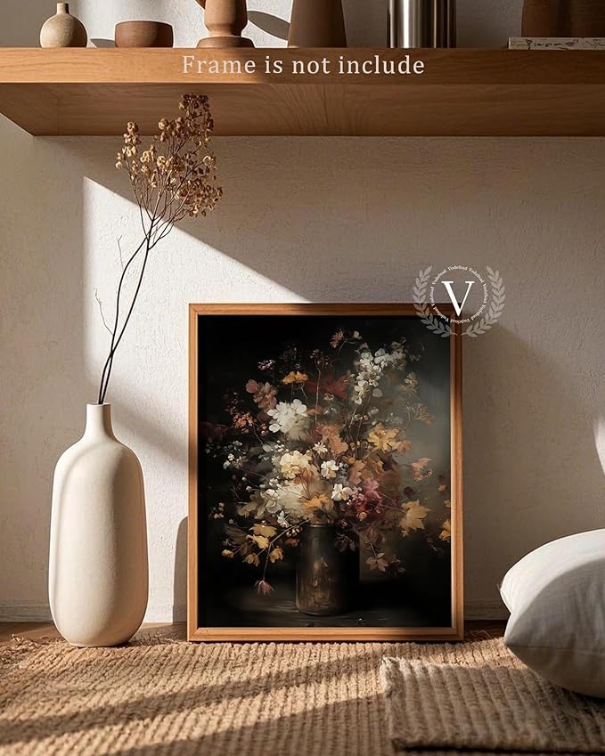 Vodefoad Vintage Autumn Floral Print, Moody Cottagecore Wildflower Bouquet, Lush Autumn-inspired Bouquet, Retro Antique Flower Art Pictures for Gallery Home Bedroom Farmhouse Bedroom - 8x10Inch Unframe