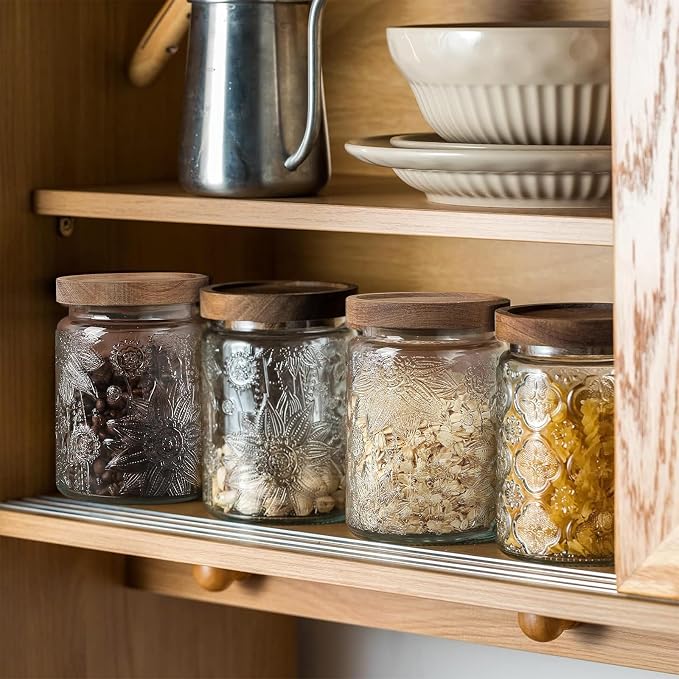 24 OZ Airtight Glass Storage Jar with Bamboo Lid - Vintage Glass Jar Vintage Food Containers Canisters Set for Kitchen Counter & Pantry - Ideal for Sugar, Flour, Coffee, Tea, Candy, Oats, Cereal | 24oz Decorative Container Set with Silicone-Sealed Bamb...