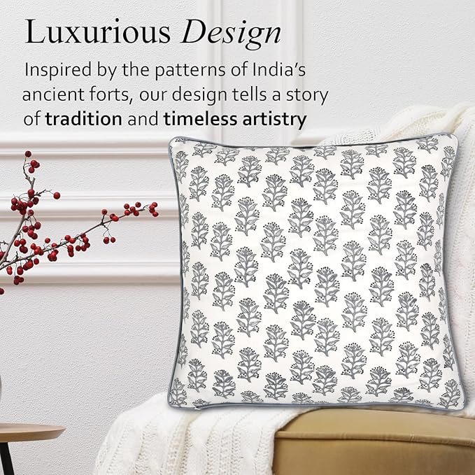 CPC 100% Cotton Throw Pillow Covers 18x18 Inch, Set of 2 Pink Block Print Pattern Couch Pillow, Cute Boho Decorative Pillows for Living Room, Bedroom with Hidden Zipper- Misty Grey Floral