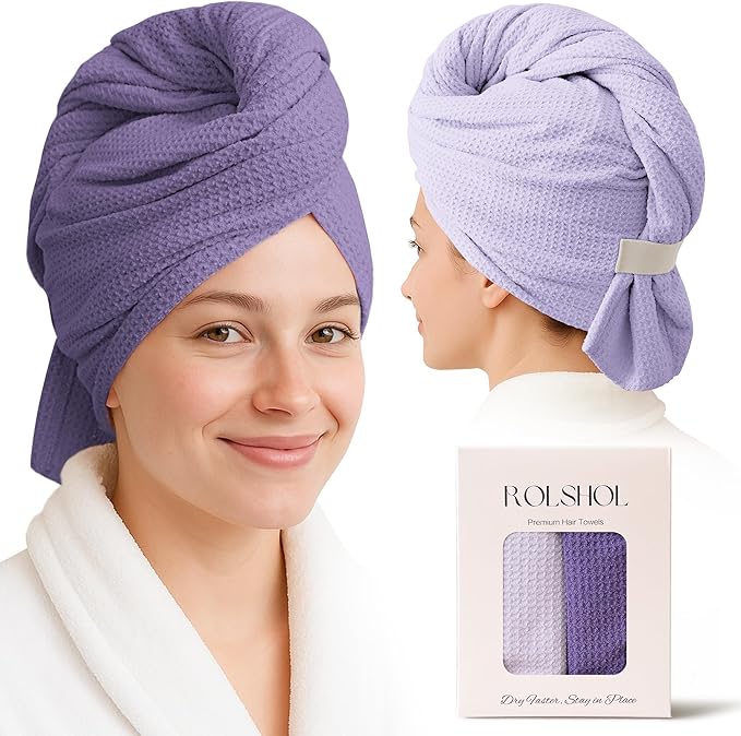 ROLSHOL 2 Pack Microfiber Hair Towel Wrap for Women, 32" x 11" Waffle Weave Hair Plopping Towel for Curly, Long & Thick Hair, Anti-Frizz Hair Turbans for Wet Hair (Deep Purple,Light Purple)