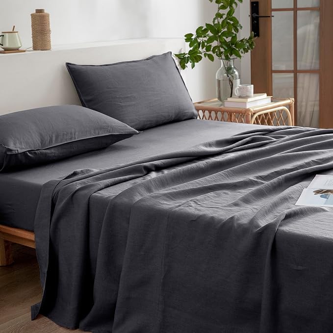 EVERLY Linen California King Size Sheets Set, 100% Stonewashed French Linen Bed Sheets Deep Pocket Sheets, 4 Pieces (1 Flat Sheet, 1 Fitted Sheet, 2 Pillowcases) Natural Flax Bedding Set-Dark Grey