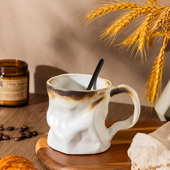 Handmade Ceramic Coffee Mugs, Mugs with Spoon, 11oz, Handmade Pottery Mug with Handle, Hand-painting, Unique Uneven Surface Tea cups, Dishwasher and Microwave Safe (White)