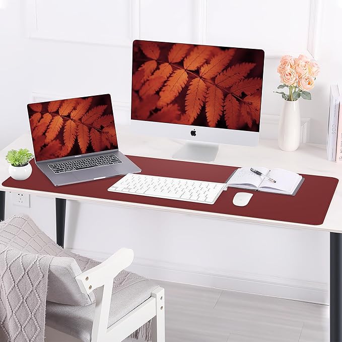 AFIING Leather Desk Pad Protector, Large Desk Mat with Natural Cork & PU Leather, Mouse Pad, Non-Slip, Waterproof Desk Writing Pad for Office and Home, Red