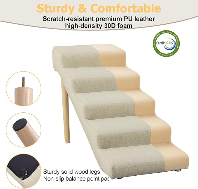 5-Step 23.6" H Dog Stairs for Bed Couch, Waterproof & Scratch PU Leather Pet Steps for Senior Large Dogs and Cats, Dog Ramp with 220 lbs Maximum, Oak Leg & Solid Wood, Non-Slip Feet, Cream
