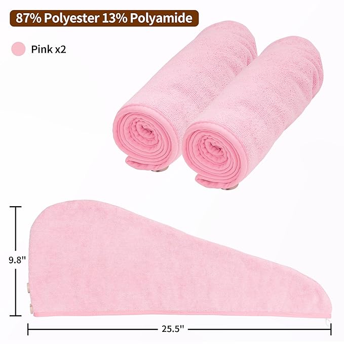 NEXCOVER Hair Towel Microfiber, 2 Pack Pink 9.8 inch X 25.5 inch Hair Wrap,Ultra Absorbent Hair Turbans,Fast Drying Head Towels for Women Wet Hair,Long,Curly,Thick,Frizzy Hair