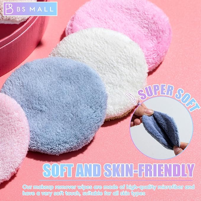 BS-MALL 6 Pcs Reusable Makeup Remover Pads with Round Box - Soft Micellar Water Wipes for Eye Shadow & Facial Cleansing - Gentle for All Skin Types - Perfect Women Gifts